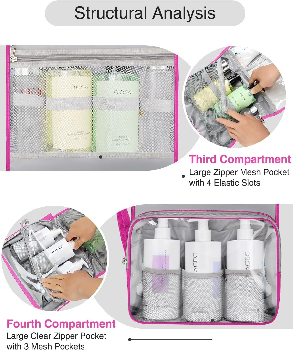 image:imageSmall Hanging Toiletry Bag for Men and Women Portable Hanging Organizer for TravelSized Shower Dopp Kit Makeup Accessories Waterproof Toiletries Organizer with 3 Compartments for Outdoor Black01 Hot Pink