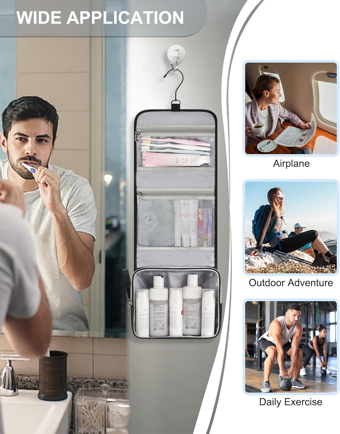 image:imageSmall Hanging Toiletry Bag for Men and Women Portable Hanging Organizer for TravelSized Shower Dopp Kit Makeup Accessories Waterproof Toiletries Organizer with 3 Compartments for Outdoor Black01 Black