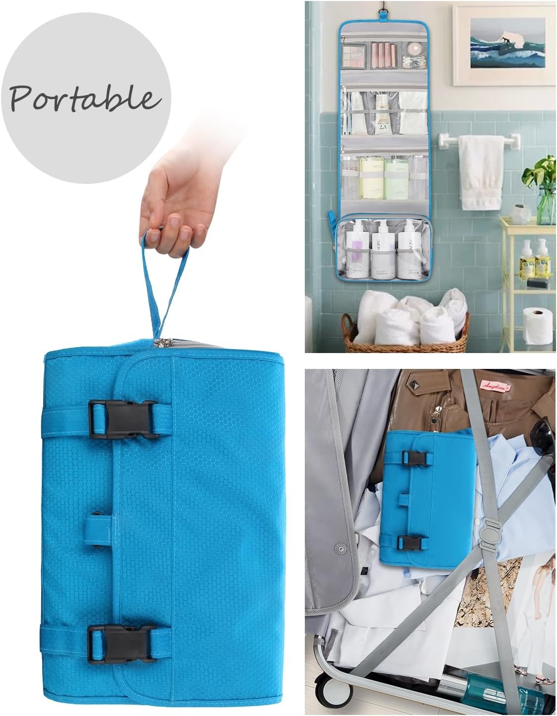 image:imageSmall Hanging Toiletry Bag for Men and Women Portable Hanging Organizer for TravelSized Shower Dopp Kit Makeup Accessories Waterproof Toiletries Organizer with 3 Compartments for Outdoor Black02 Blue