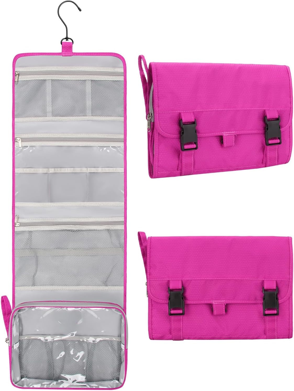image:imageSmall Hanging Toiletry Bag for Men and Women Portable Hanging Organizer for TravelSized Shower Dopp Kit Makeup Accessories Waterproof Toiletries Organizer with 3 Compartments for Outdoor Black01 Hot Pink
