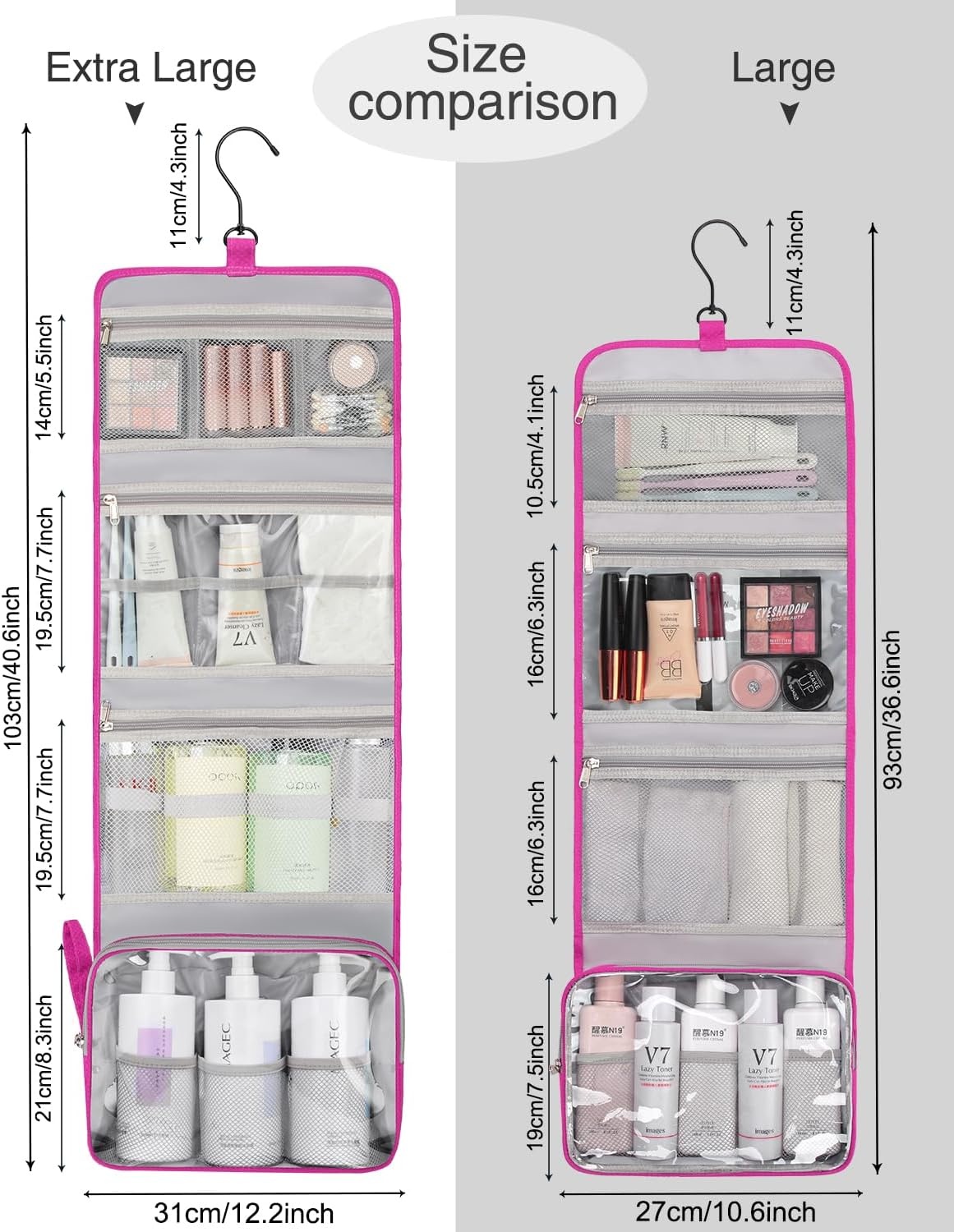 image:imageSmall Hanging Toiletry Bag for Men and Women Portable Hanging Organizer for TravelSized Shower Dopp Kit Makeup Accessories Waterproof Toiletries Organizer with 3 Compartments for Outdoor Black01 Hot Pink