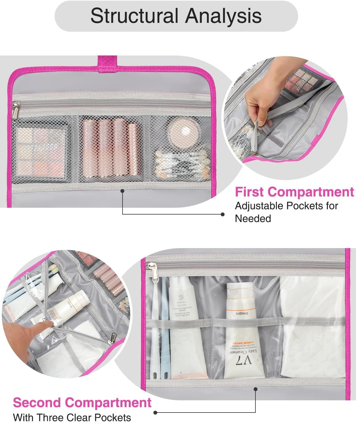 image:imageSmall Hanging Toiletry Bag for Men and Women Portable Hanging Organizer for TravelSized Shower Dopp Kit Makeup Accessories Waterproof Toiletries Organizer with 3 Compartments for Outdoor Black01 Hot Pink