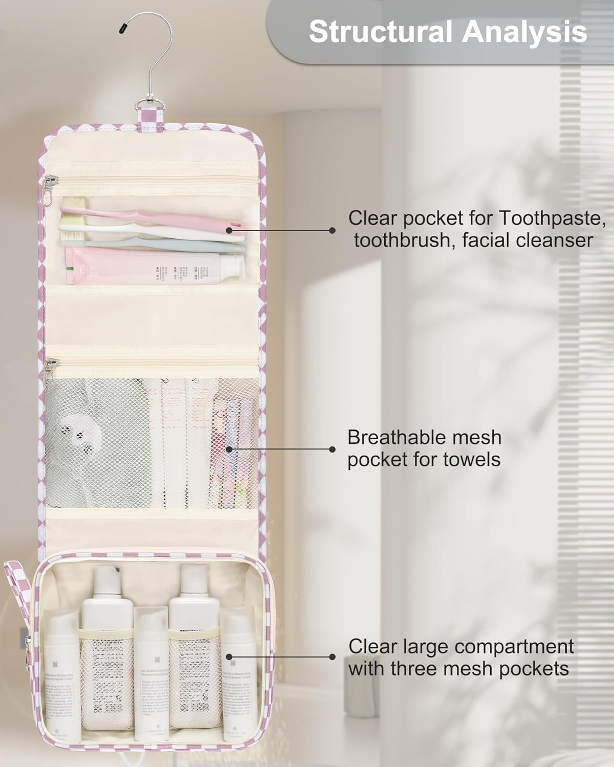 image:imageSmall Hanging Toiletry Bag for Men and Women Portable Hanging Organizer for TravelSized Shower Dopp Kit Makeup Accessories Waterproof Toiletries Organizer with 3 Compartments for Outdoor Black01 Checkboard Purple