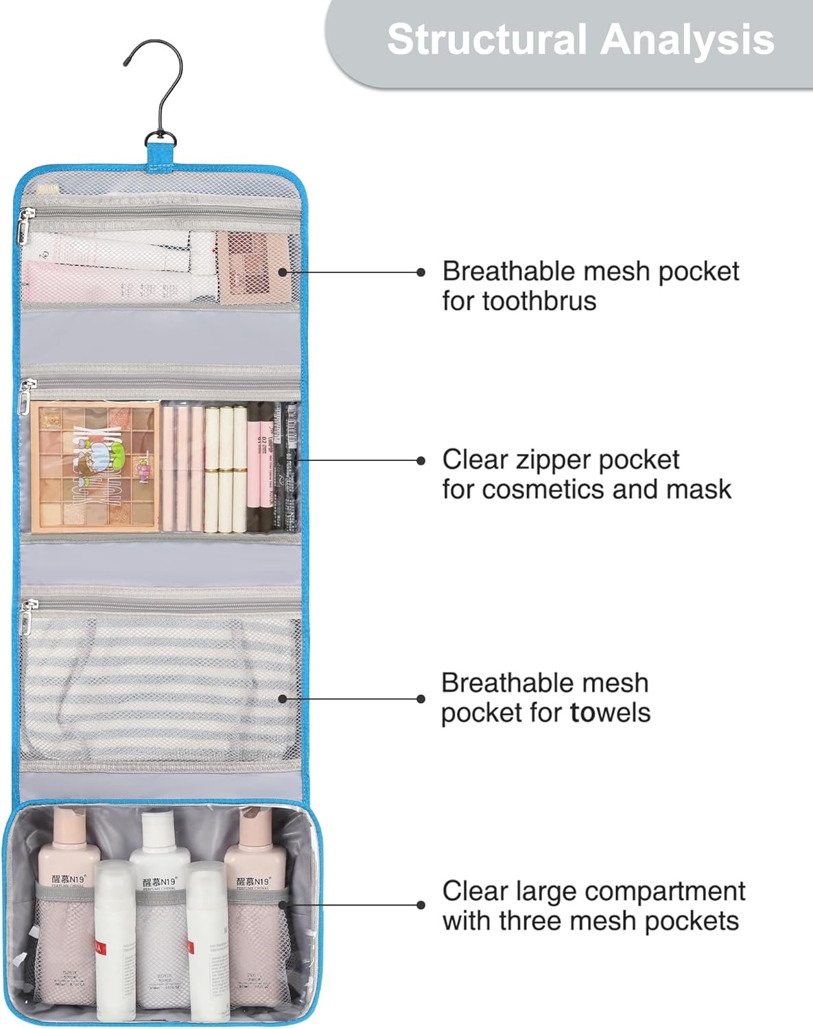 image:imageSmall Hanging Toiletry Bag for Men and Women Portable Hanging Organizer for TravelSized Shower Dopp Kit Makeup Accessories Waterproof Toiletries Organizer with 3 Compartments for Outdoor Black02 Blue