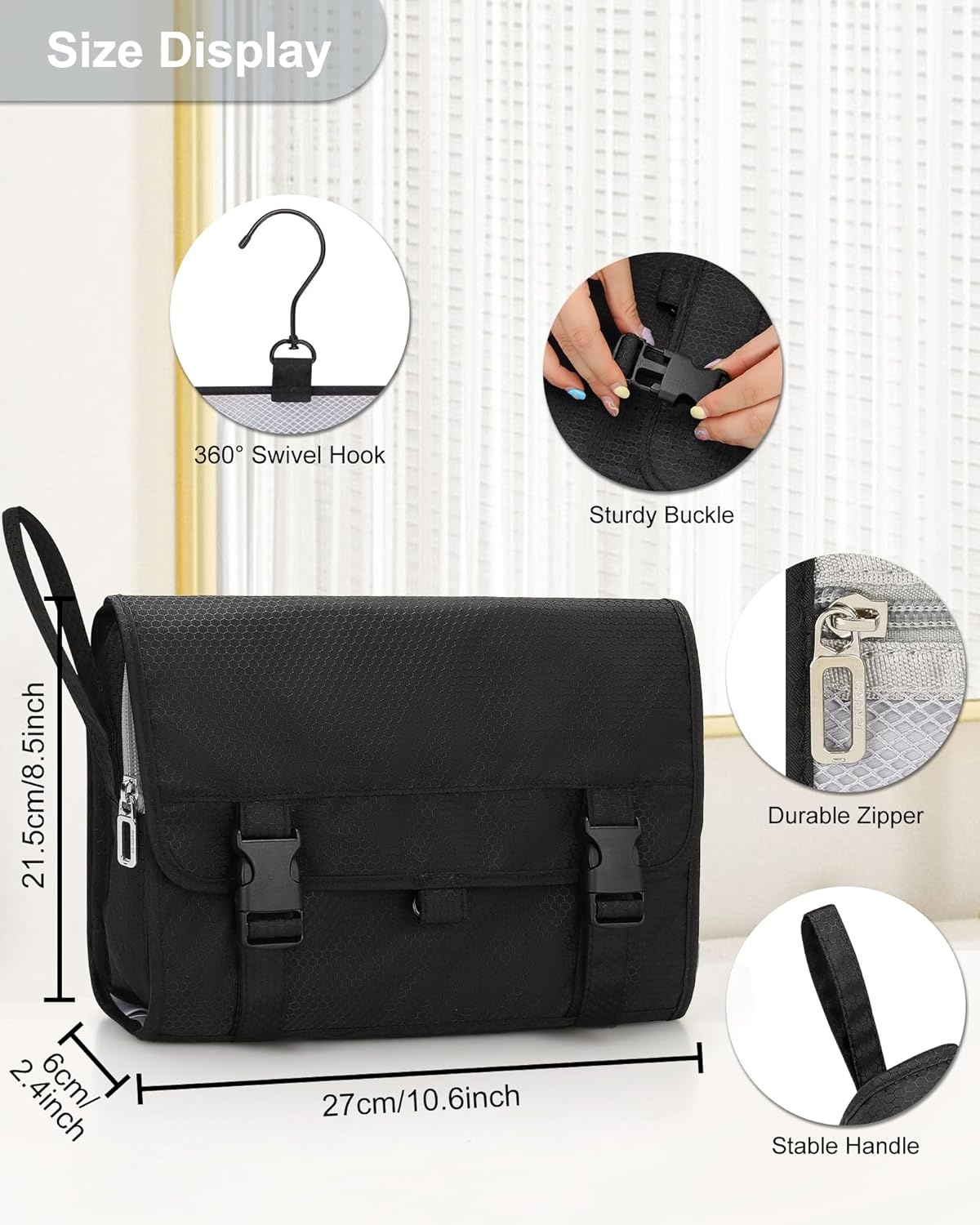 image:imageSmall Hanging Toiletry Bag for Men and Women Portable Hanging Organizer for TravelSized Shower Dopp Kit Makeup Accessories Waterproof Toiletries Organizer with 3 Compartments for Outdoor Black01 Black