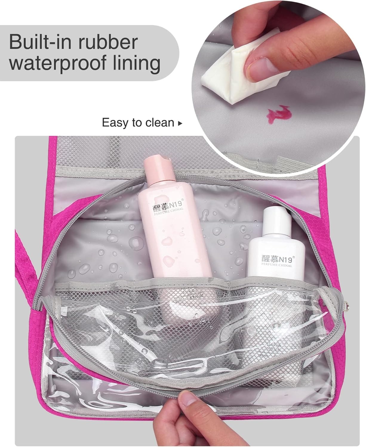 image:imageSmall Hanging Toiletry Bag for Men and Women Portable Hanging Organizer for TravelSized Shower Dopp Kit Makeup Accessories Waterproof Toiletries Organizer with 3 Compartments for Outdoor Black01 Hot Pink