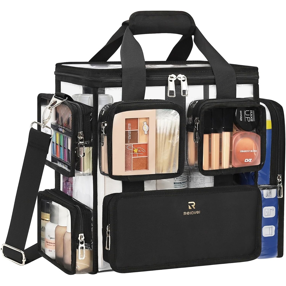 image:imageRelavel Clear Makeup Bag Extra Large Makeup Artist Kit Set Cosmetic Storage Organizer Hair Stylist Traveling Bag Transparent Tote Duffle Beach Toiletry Bag with Adjustable Dividers amp Shoulder Strapclear with front pockets