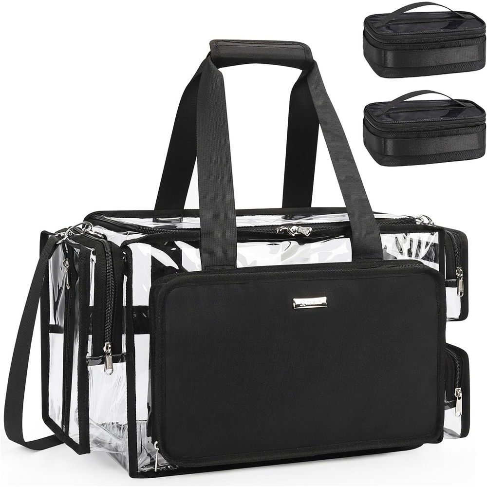 image:imageRelavel Clear Makeup Bag Extra Large Makeup Artist Kit Set Cosmetic Storage Organizer Hair Stylist Traveling Bag Transparent Tote Duffle Beach Toiletry Bag with Adjustable Dividers amp Shoulder StrapClear with 2 small bags