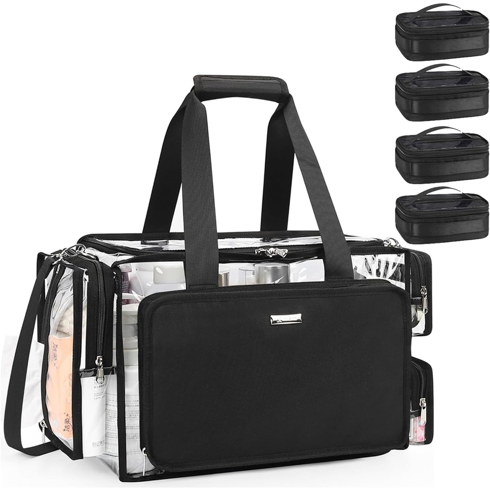image:imageRelavel Clear Makeup Bag Extra Large Makeup Artist Kit Set Cosmetic Storage Organizer Hair Stylist Traveling Bag Transparent Tote Duffle Beach Toiletry Bag with Adjustable Dividers amp Shoulder StrapClear with 4 Small Clear Bags