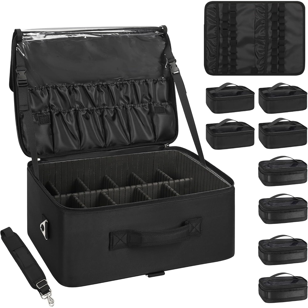 image:imageRelavel Extra Large Makeup Case Professional Cosmetic Storage Organizer Box Brush Holder with 4 Clear Set Bags amp Lipstick Plate for Makeup Artists with Shoulder Strap amp Adjustable DividersBlack with extra 4 samll bags