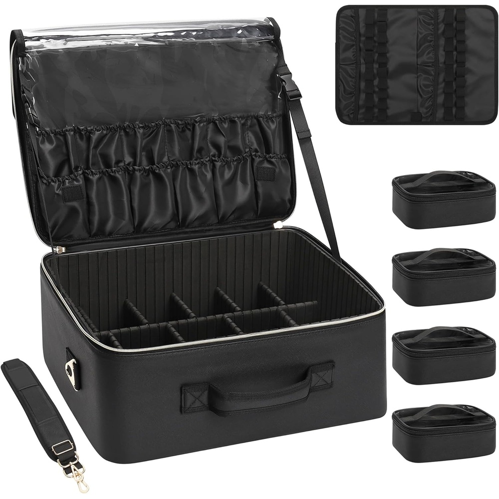 image:imageRelavel Extra Large Makeup Case Professional Cosmetic Storage Organizer Box Brush Holder with 4 Clear Set Bags amp Lipstick Plate for Makeup Artists with Shoulder Strap amp Adjustable DividersBlack leather