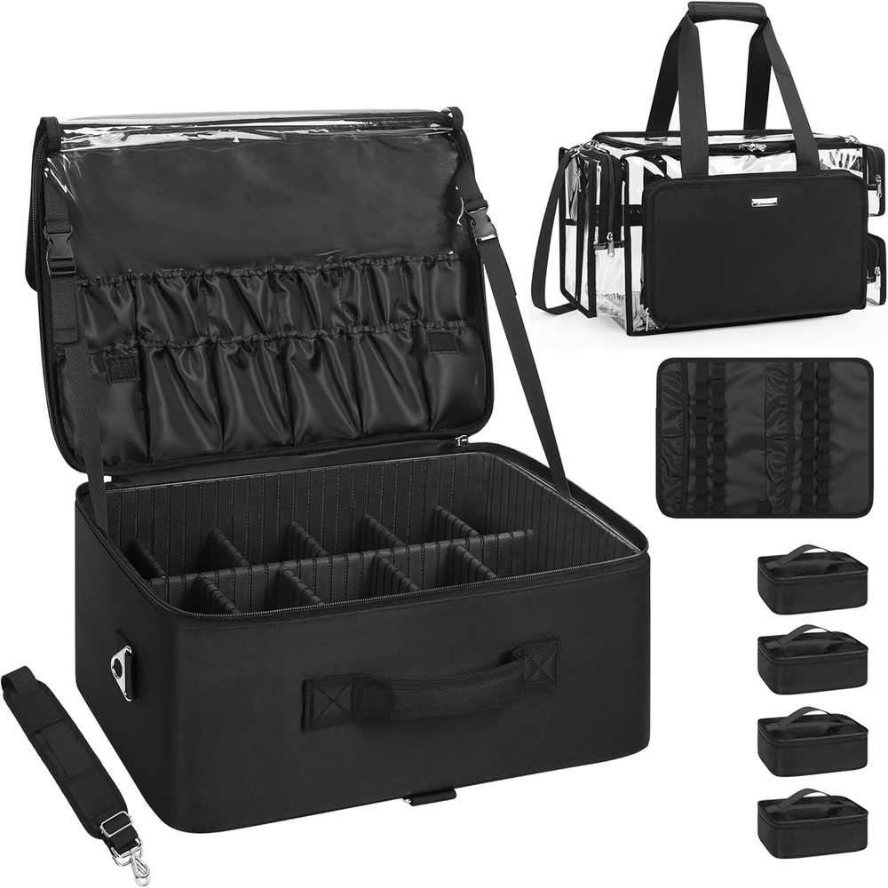 image:imageRelavel Extra Large Makeup Case Professional Cosmetic Storage Organizer Box Brush Holder with 4 Clear Set Bags amp Lipstick Plate for Makeup Artists with Shoulder Strap amp Adjustable DividersBlack with Clear Makeup Bag