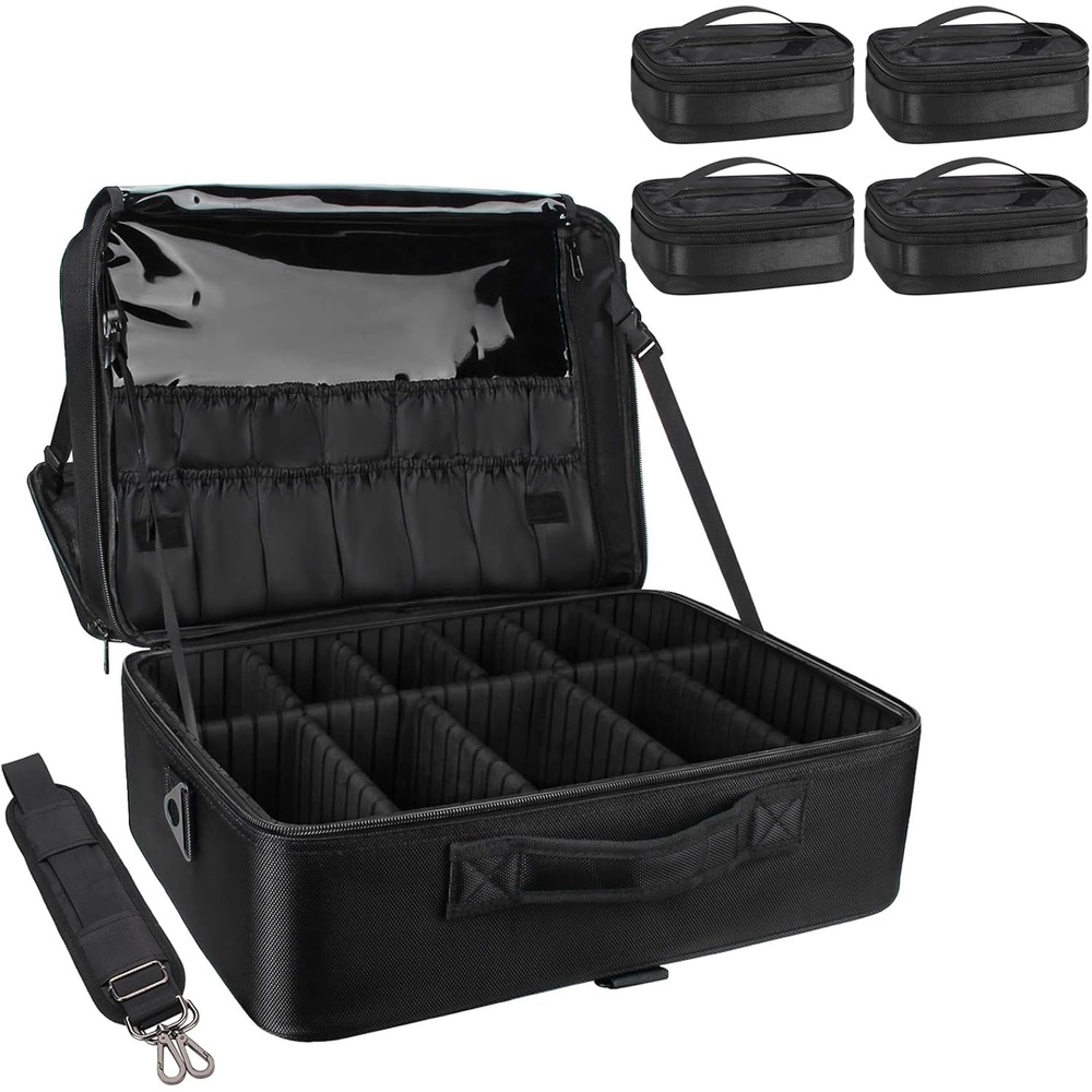 image:imageRelavel Extra Large Makeup Case with 4 Pcs Makeup Bags Professional Makeup Artist Set Portable Nail Organizer Box Art Supply Case with Adjustable Dividers 5 Pack blackBlack with 4 Makeup Bags