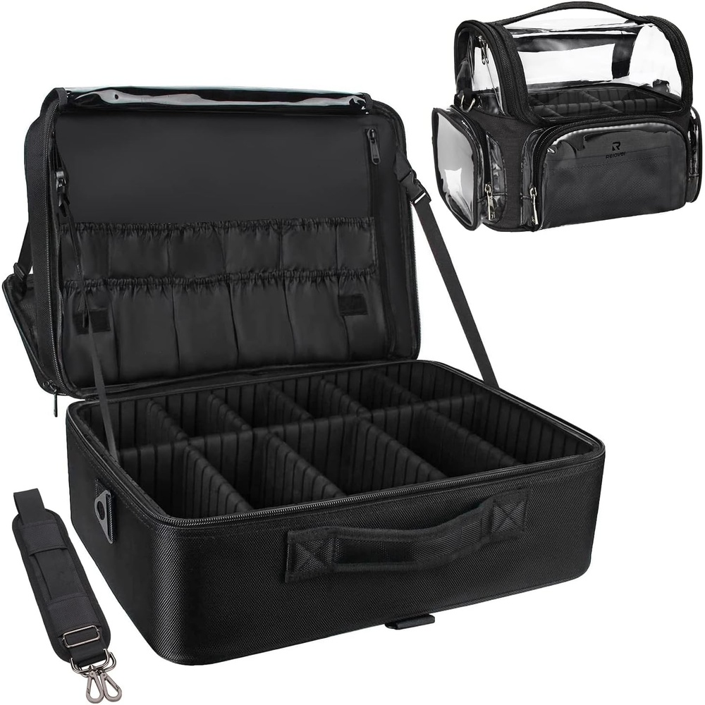 image:imageRelavel Extra Large Makeup Case with 4 Pcs Makeup Bags Professional Makeup Artist Set Portable Nail Organizer Box Art Supply Case with Adjustable Dividers 5 Pack blackBlack with Clear Makeup Case