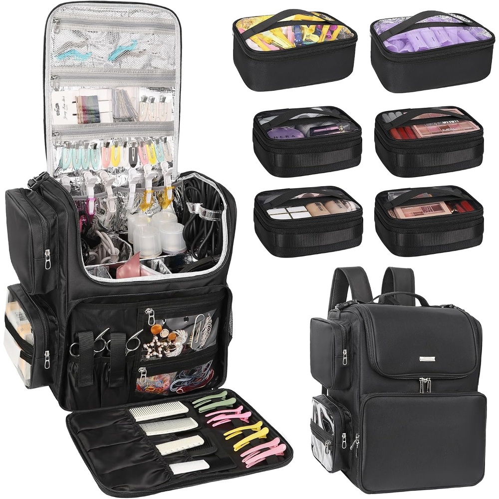 image:imageRelavel Hair Tools Travel Bag Hair Stylist Backpack Hairdresser Cosmetology Bag Heat Insulation Full Layer for Curling Iron Hair Straightener Travel Accessories Train Case Barber Organizer BlackBlack with 6 pcs bags