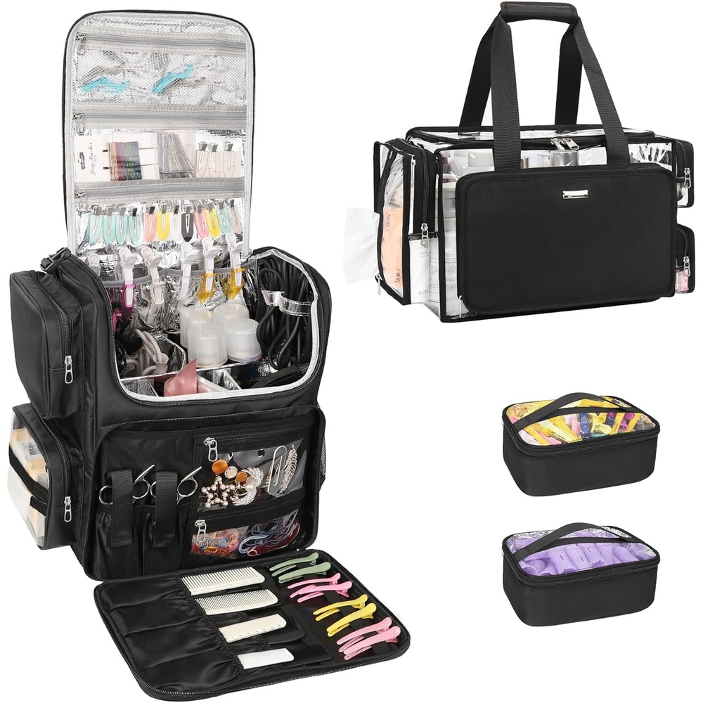 image:imageRelavel Hair Tools Travel Bag Hair Stylist Backpack Hairdresser Cosmetology Bag Heat Insulation Full Layer for Curling Iron Hair Straightener Travel Accessories Train Case Barber Organizer BlackBlack With large clear bag