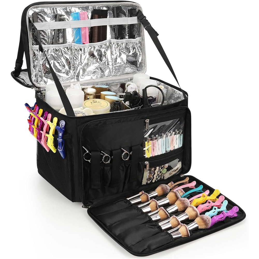 image:imageRelavel Hair Tools Travel Bag Hair Stylist Backpack Hairdresser Cosmetology Bag Heat Insulation Full Layer for Curling Iron Hair Straightener Travel Accessories Train Case Barber Organizer Blackduallayer black