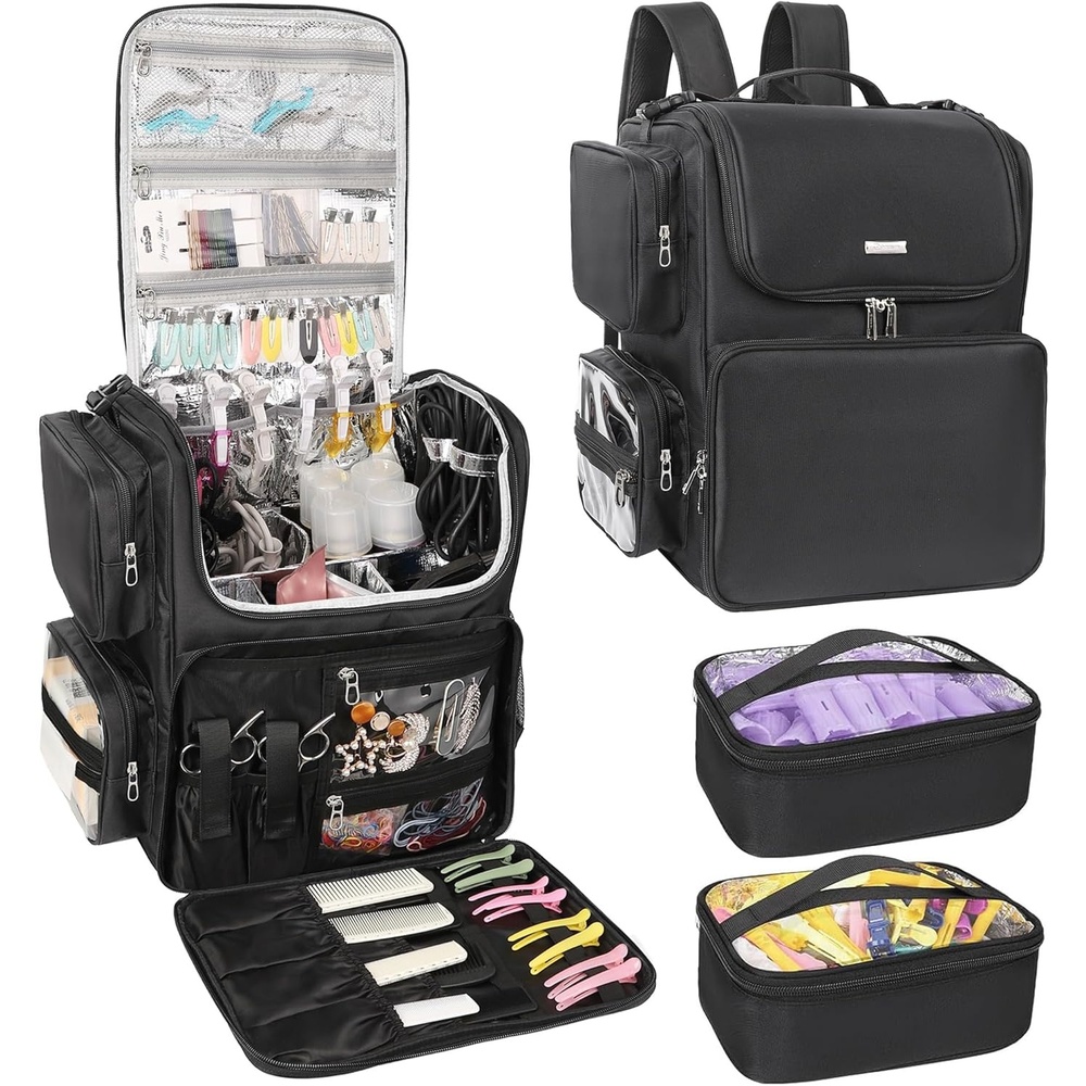 image:imageRelavel Hair Tools Travel Bag Hair Stylist Backpack Hairdresser Cosmetology Bag Heat Insulation Full Layer for Curling Iron Hair Straightener Travel Accessories Train Case Barber Organizer BlackBlack