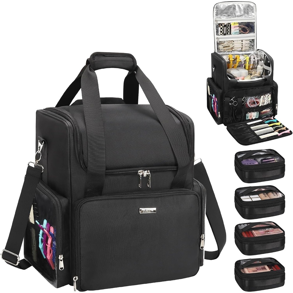 image:imageRelavel Hair Tools Travel Bag Hairstylist Traveling Bag Hairdresser Cosmetology Bag Storage Organizer Case for Hair Stylist Essentials Barber Accessories with Adjustable Dividers and Shoulder StrapBlack with 4 small bags