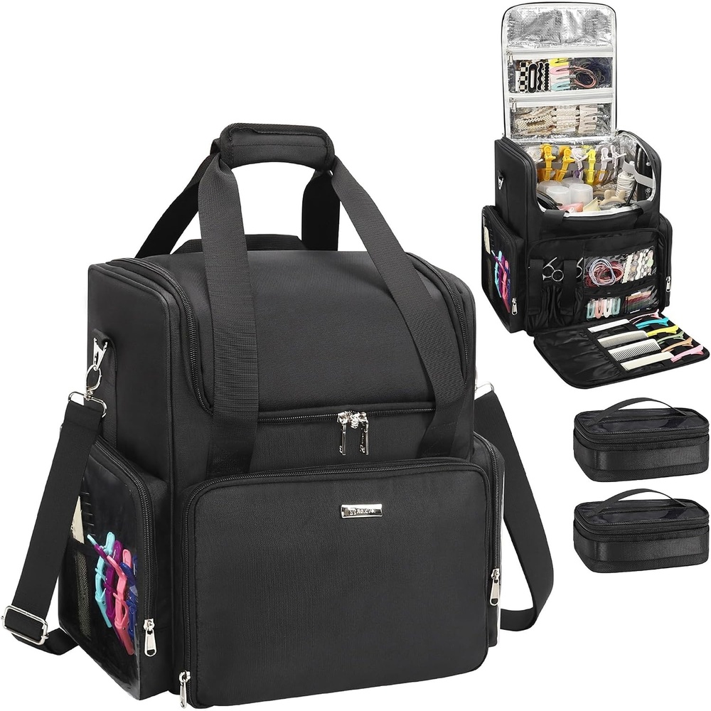image:imageRelavel Hair Tools Travel Bag Hairstylist Traveling Bag Hairdresser Cosmetology Bag Storage Organizer Case for Hair Stylist Essentials Barber Accessories with Adjustable Dividers and Shoulder StrapBlack with 2 small bags