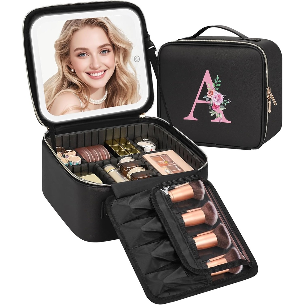 image:imageRelavel Initial Makeup Bag with LED Mirror for Women Personalized Monogram Travel Cosmetic Organizer Train Case Gifts for Teens Girls Grandkids Graduation Teacher Friends Trendy Stuff Pink ABlack