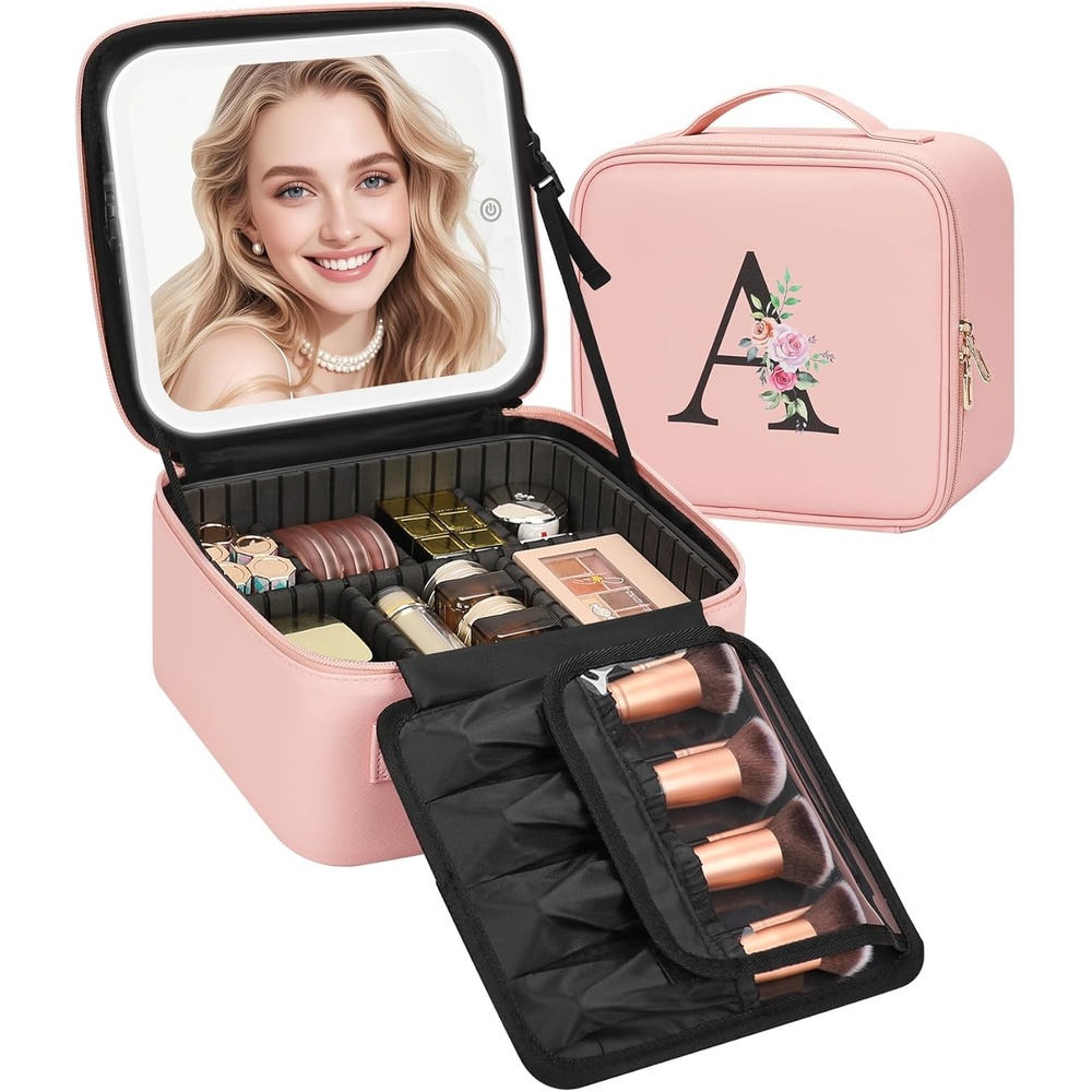 image:imageRelavel Initial Makeup Bag with LED Mirror for Women Personalized Monogram Travel Cosmetic Organizer Train Case Gifts for Teens Girls Grandkids Graduation Teacher Friends Trendy Stuff Pink APink