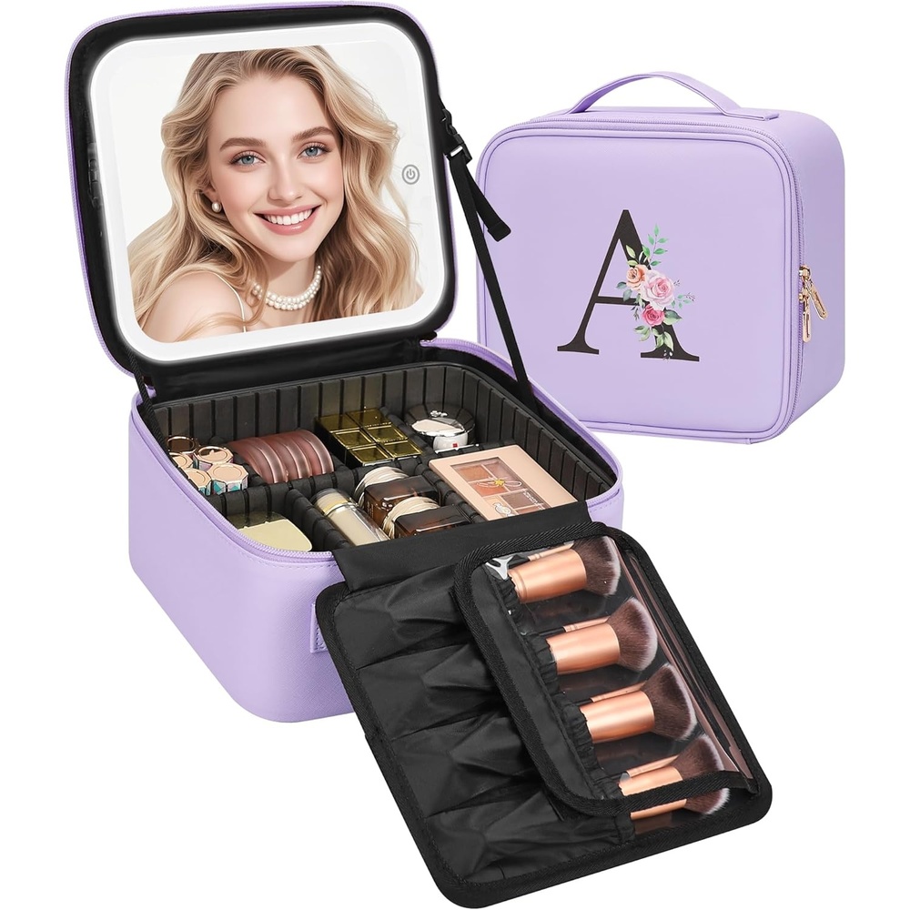 image:imageRelavel Initial Makeup Bag with LED Mirror for Women Personalized Monogram Travel Cosmetic Organizer Train Case Gifts for Teens Girls Grandkids Graduation Teacher Friends Trendy Stuff Pink APurple