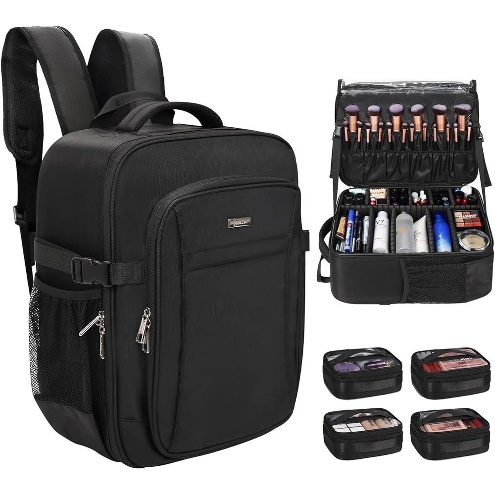 image:imageRelavel Makeup Backpack Professional Travel Train Case Makeup Artist Kit Set Bag for Women Extra Large Cosmetic Organizer Brush Storage Holder with Adjustable High Dividers BlackPro Black and 4 Pcs Makeup Bags
