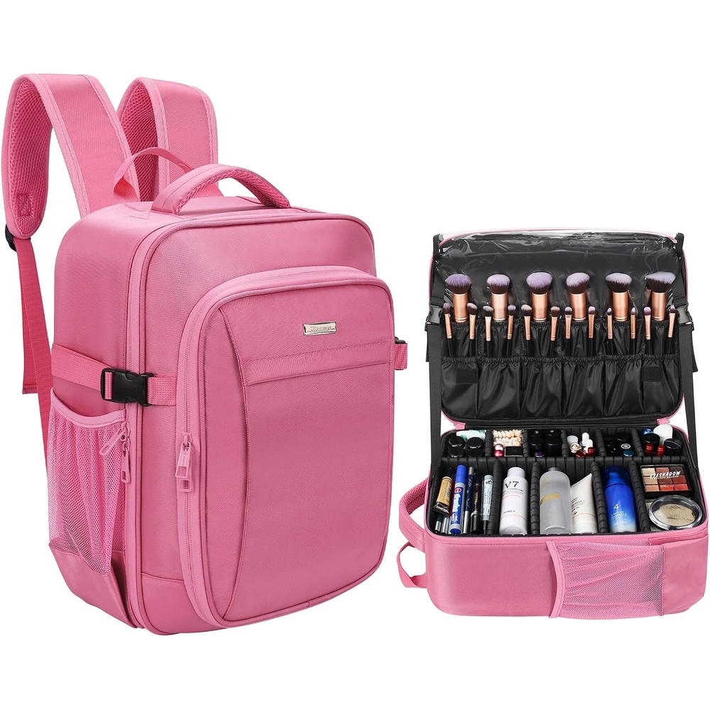 image:imageRelavel Makeup Backpack Professional Travel Train Case Makeup Artist Kit Set Bag for Women Extra Large Cosmetic Organizer Brush Storage Holder with Adjustable High Dividers BlackRose Pink