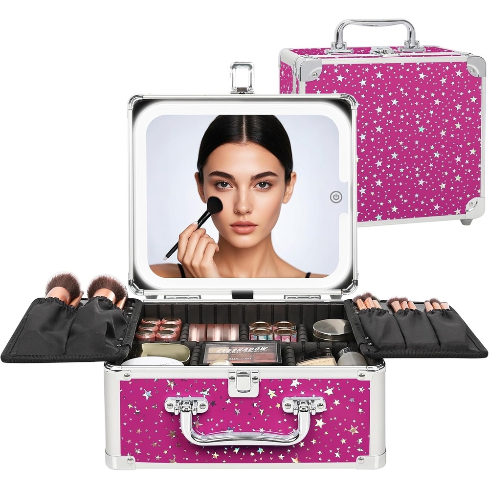 image:imageRelavel Makeup Bag with LED Mirror Makeup Box Travel Train Case with Rechargeable Lighted Mirror amp Adjustable Dividers Cosmetic Brush Organizer Storage for Makeup Artists Gifts for Women and GirlsHot Pink