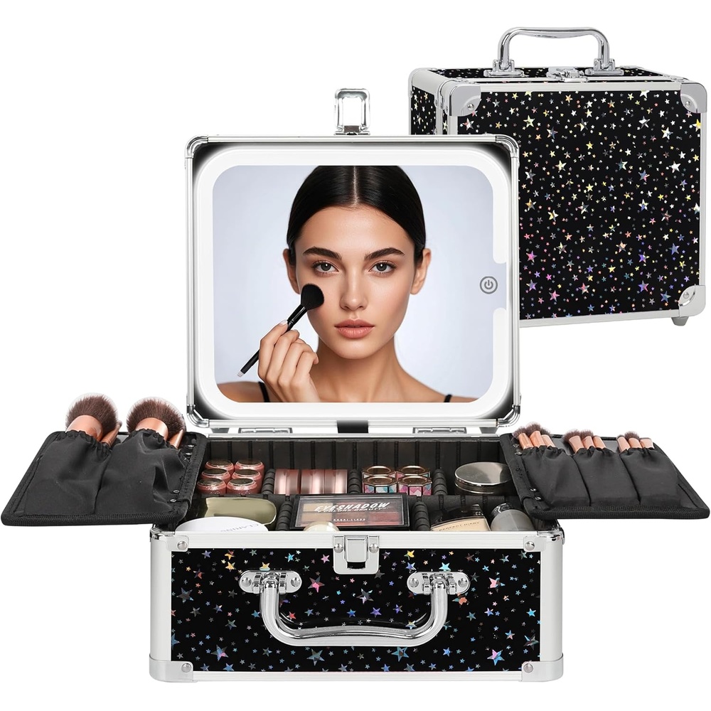 image:imageRelavel Makeup Bag with LED Mirror Makeup Box Travel Train Case with Rechargeable Lighted Mirror amp Adjustable Dividers Cosmetic Brush Organizer Storage for Makeup Artists Gifts for Women and GirlsBlack Star
