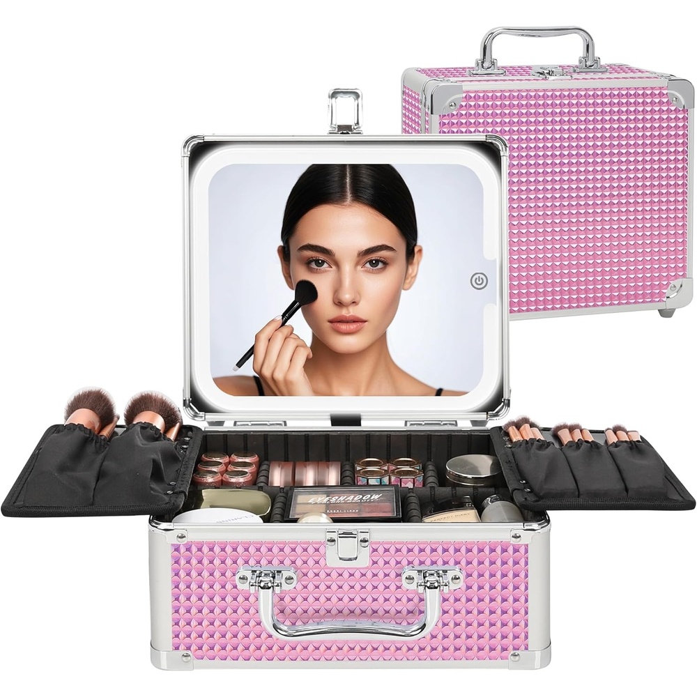 image:imageRelavel Makeup Bag with LED Mirror Makeup Box Travel Train Case with Rechargeable Lighted Mirror amp Adjustable Dividers Cosmetic Brush Organizer Storage for Makeup Artists Gifts for Women and GirlsDPink