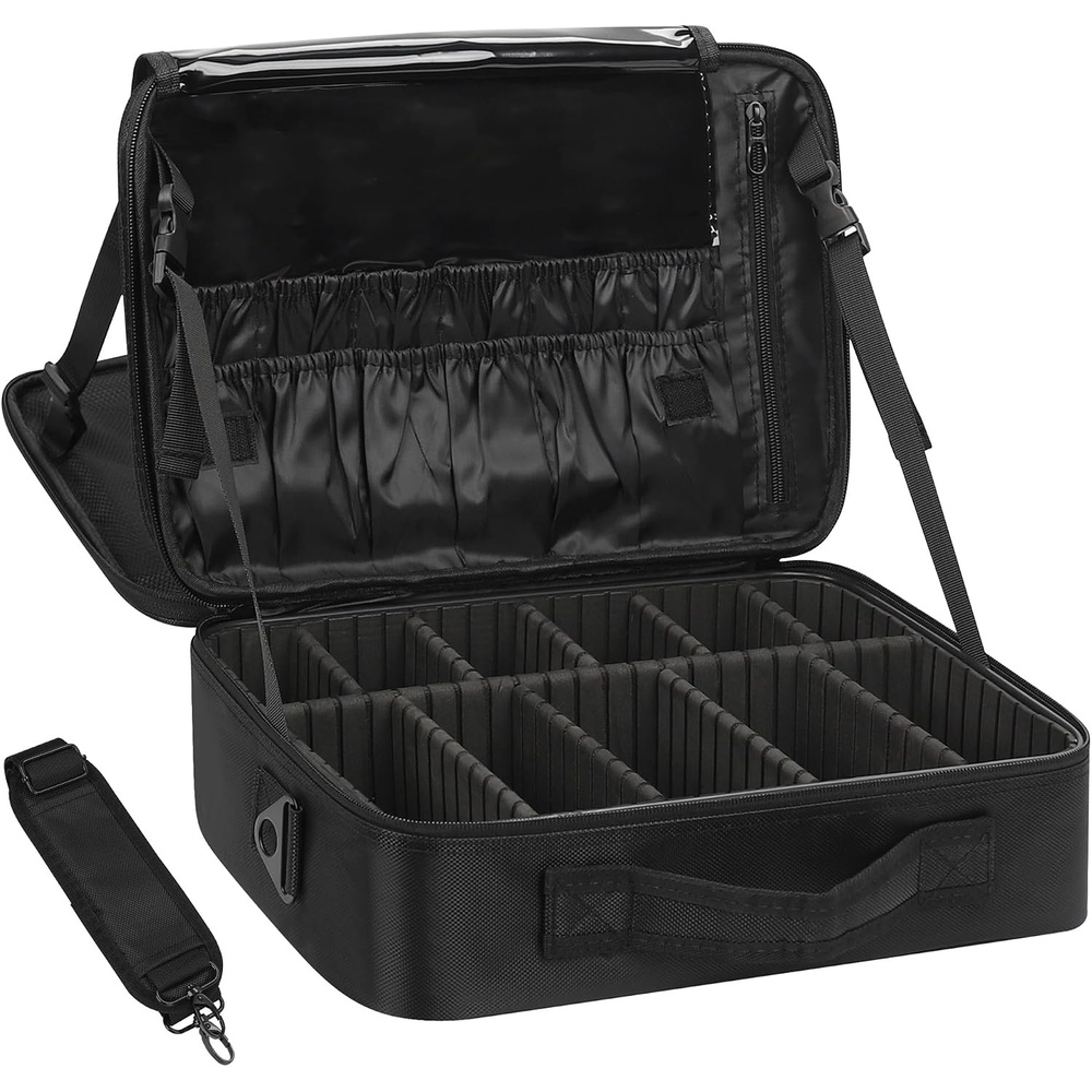 image:imageRelavel Makeup Case Large Makeup Bag Professional Train Case 165 inches Travel Cosmetic Organizer Brush Holder Waterproof Makeup Artist Storage Box 3 Layer Large Capacity with Adjustable StrapBlack ML