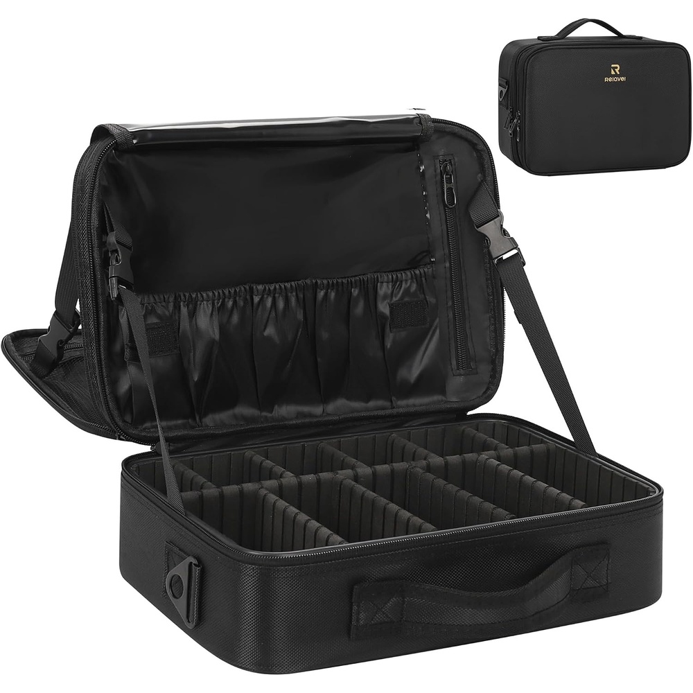 image:imageRelavel Makeup Case Large Makeup Bag Professional Train Case 165 inches Travel Cosmetic Organizer Brush Holder Waterproof Makeup Artist Storage Box 3 Layer Large Capacity with Adjustable Strapm Black