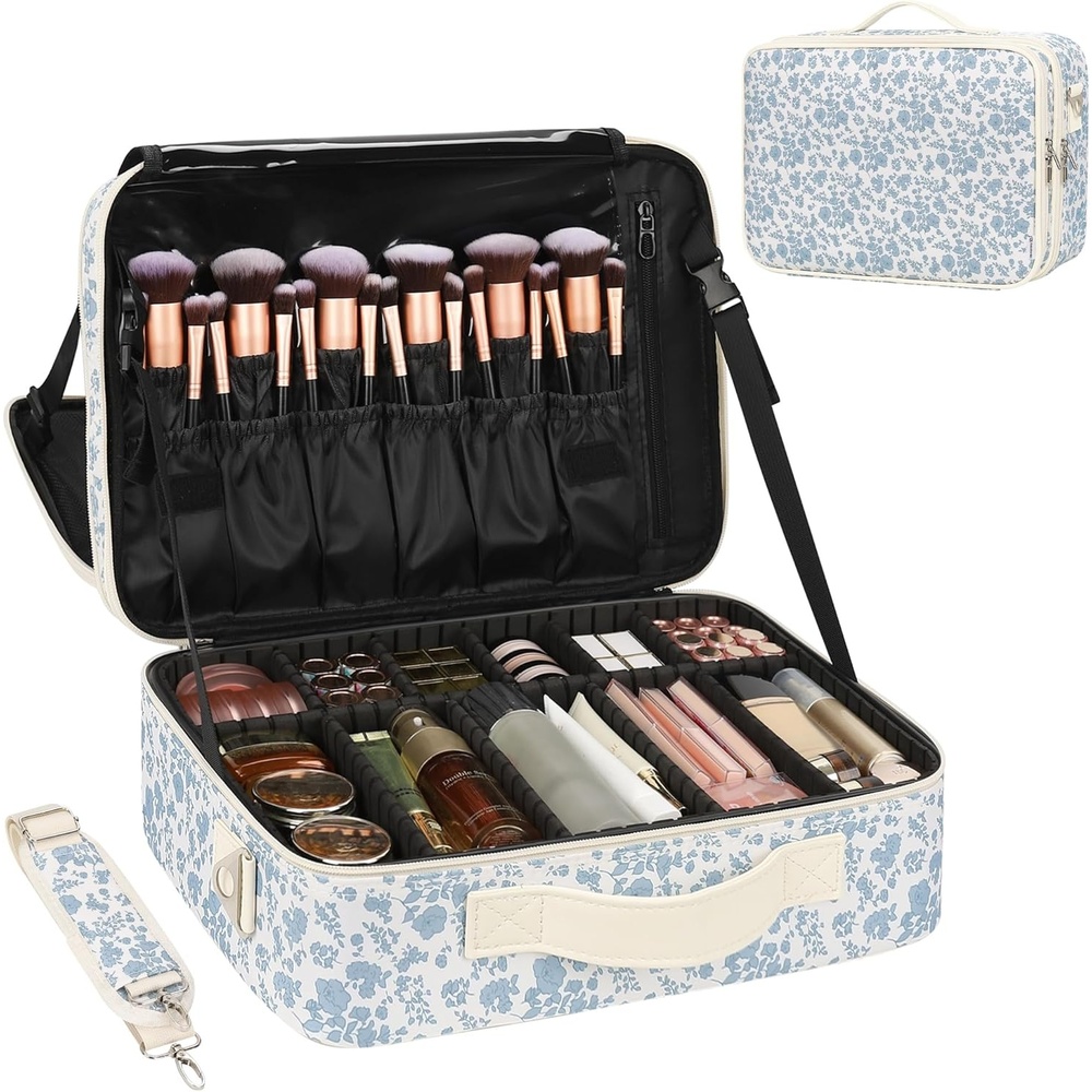 image:imageRelavel Makeup Case Large Makeup Bag Professional Train Case 165 inches Travel Cosmetic Organizer Brush Holder Waterproof Makeup Artist Storage Box 3 Layer Large Capacity with Adjustable StrapFloral Print