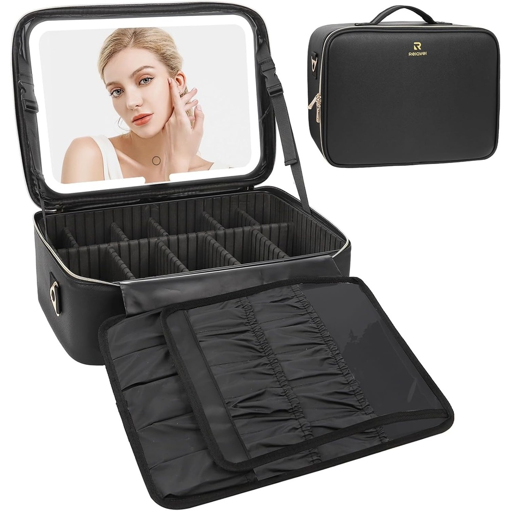 image:imageRelavel Makeup Case Large Makeup Bag Professional Train Case 165 inches Travel Cosmetic Organizer Brush Holder Waterproof Makeup Artist Storage Box 3 Layer Large Capacity with Adjustable Strapwith led mirror black