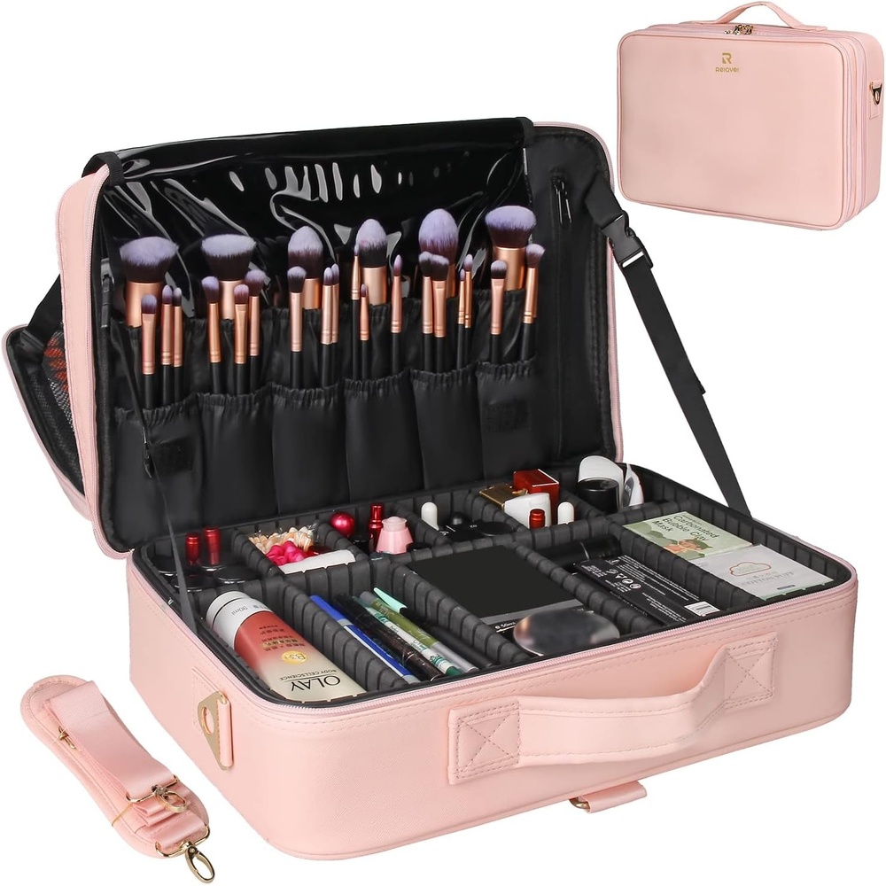 image:imageRelavel Makeup Case Large Makeup Bag Professional Train Case 165 inches Travel Cosmetic Organizer Brush Holder Waterproof Makeup Artist Storage Box 3 Layer Large Capacity with Adjustable StrapPink