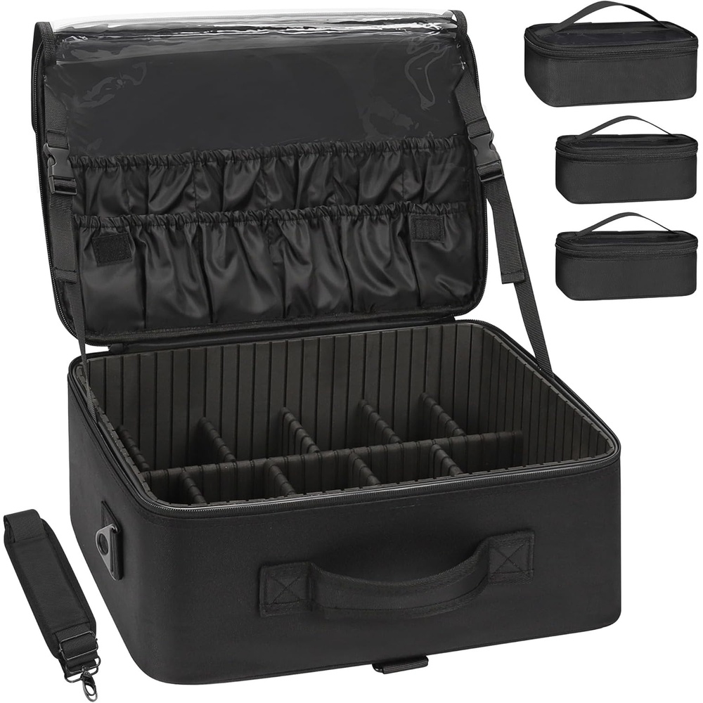 image:imageRelavel Makeup Case Large Makeup Bag Professional Train Case 165 inches Travel Cosmetic Organizer Brush Holder Waterproof Makeup Artist Storage Box 3 Layer Large Capacity with Adjustable Strapblack with 3 clear bags