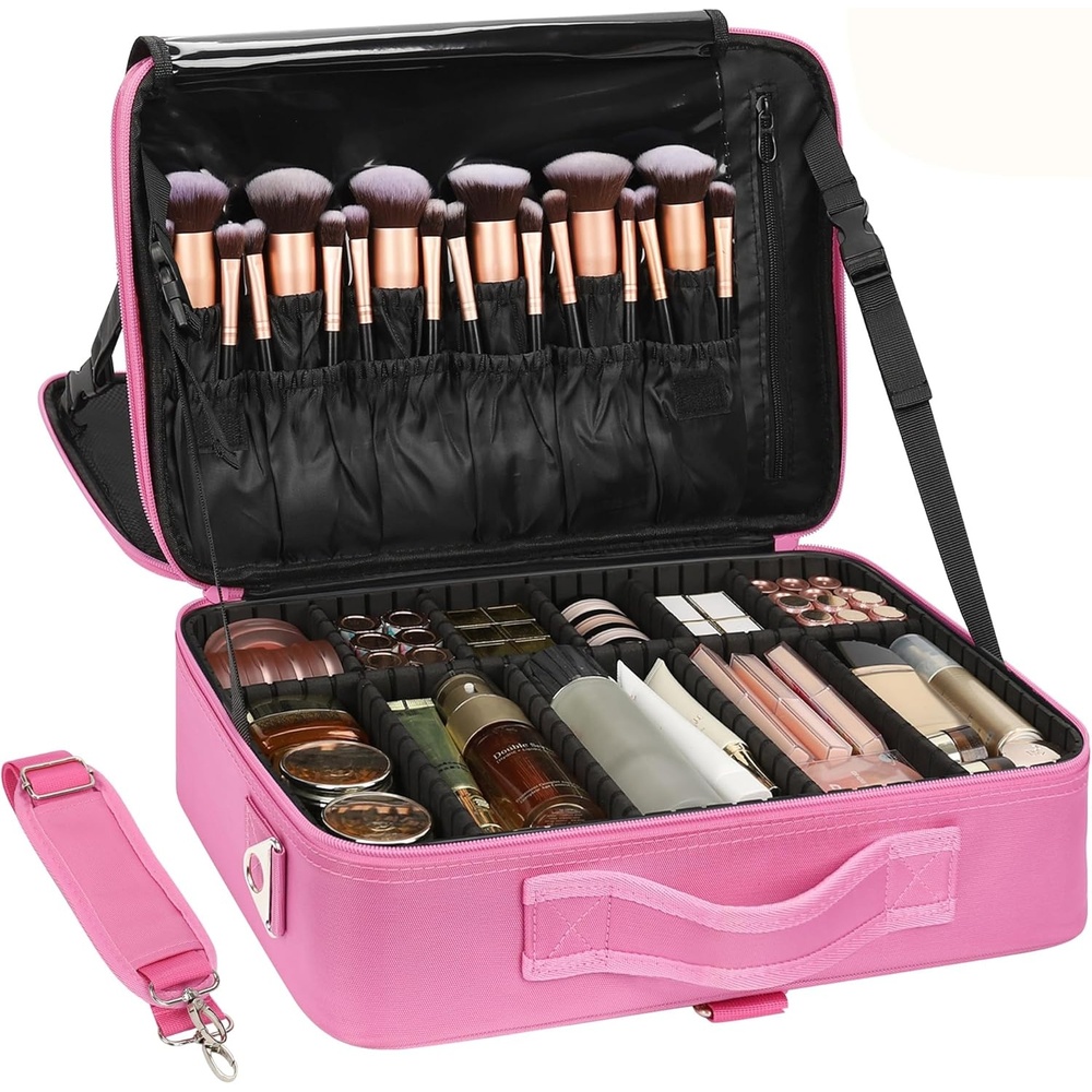image:imageRelavel Makeup Case Large Makeup Bag Professional Train Case 165 inches Travel Cosmetic Organizer Brush Holder Waterproof Makeup Artist Storage Box 3 Layer Large Capacity with Adjustable StrapRose Pink