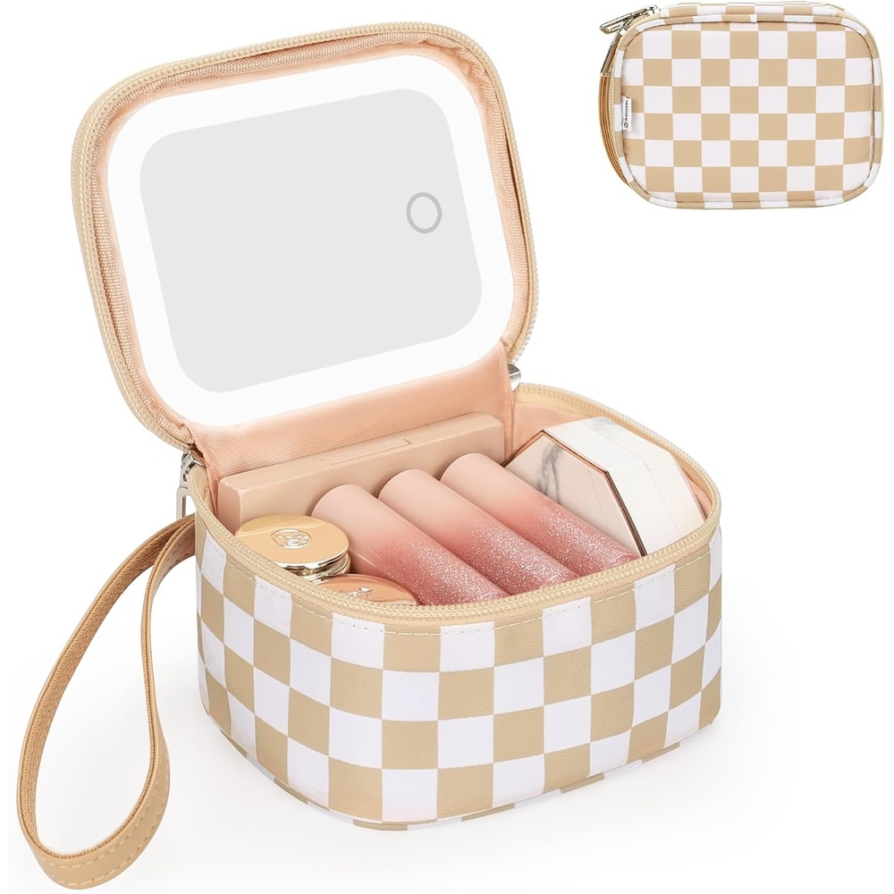 image:imageRelavel Mini Makeup Bag with Led Mirror Small Floral Cosmetic Bag with 3 Light Modes Rechargeable Portable Makeup Pouch with HandsFree Wrist Strap for Pool PartiesWork TouchUpsTravel02Checkboard
