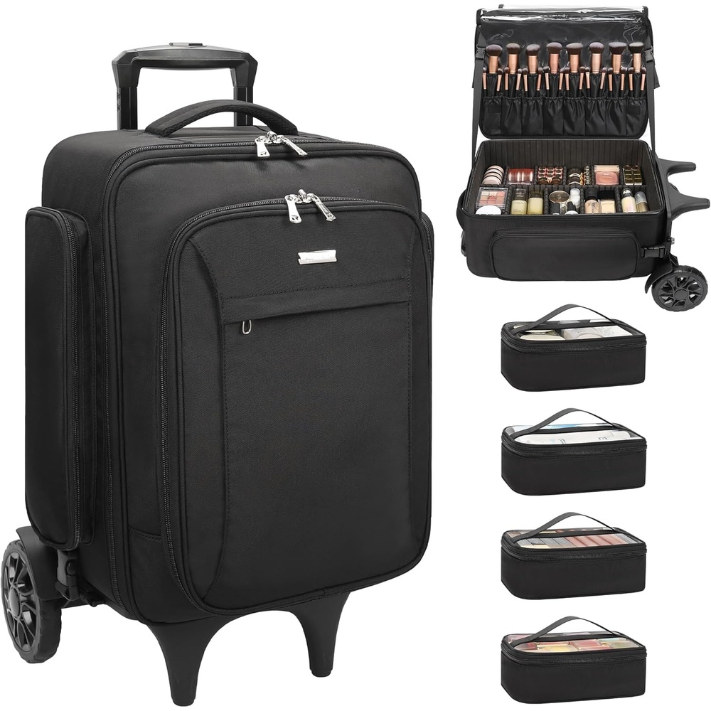 image:imageRelavel Rolling Makeup Case with 4 Small Makeup Bags Large Make Up Travel Organizer with 2 big Wheels Professional Lockable Makeup Artist Backpack with Adjustable Dividers for Daily Use  Black1Black