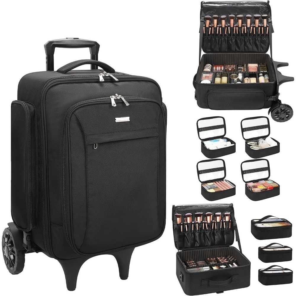 image:imageRelavel Rolling Makeup Case with 4 Small Makeup Bags Large Make Up Travel Organizer with 2 big Wheels Professional Lockable Makeup Artist Backpack with Adjustable Dividers for Daily Use Black1Black with Large Makeup Case
