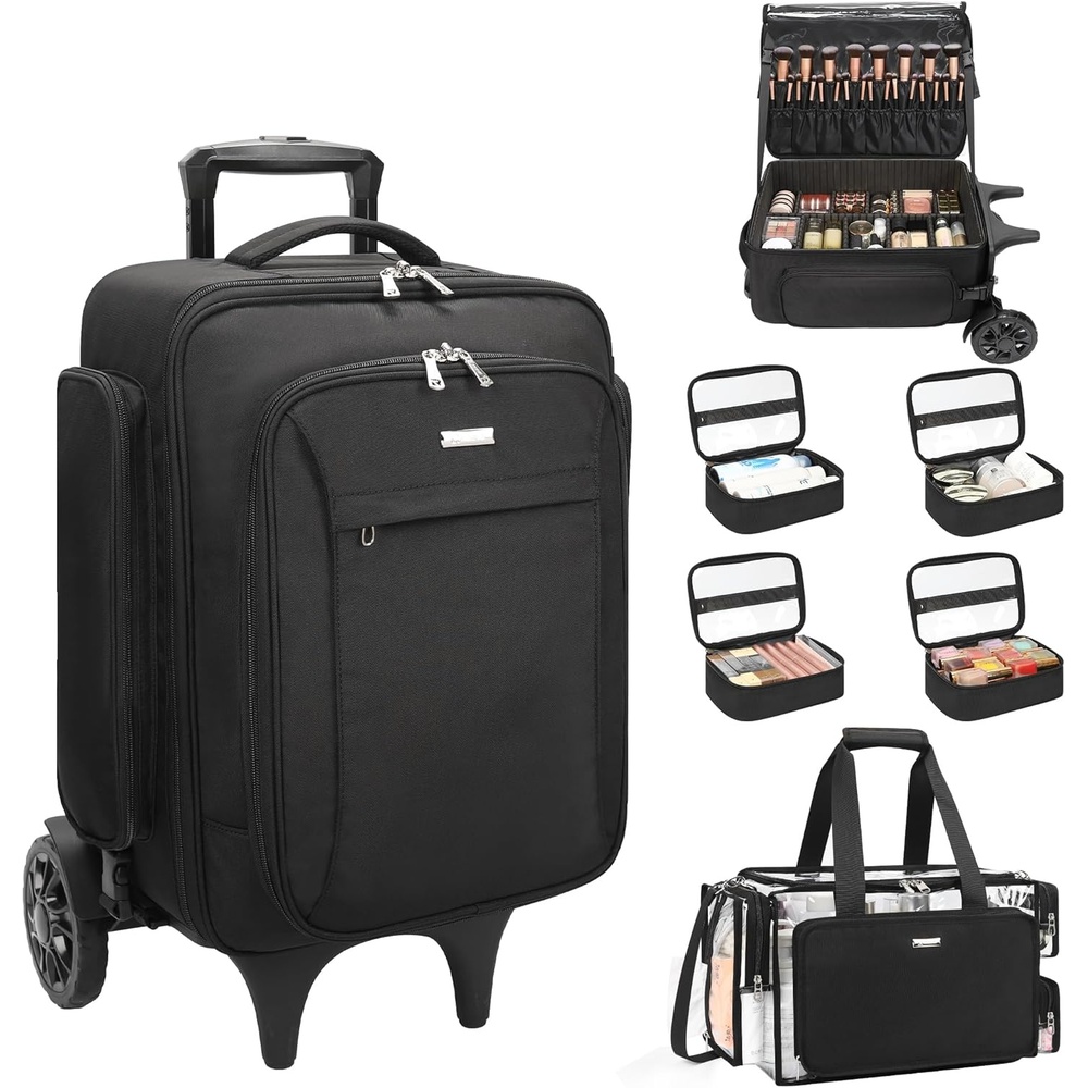 image:imageRelavel Rolling Makeup Case with 4 Small Makeup Bags Large Make Up Travel Organizer with 2 big Wheels Professional Lockable Makeup Artist Backpack with Adjustable Dividers for Daily Use Black1Black with Clear Makeup Bag 6th Gen