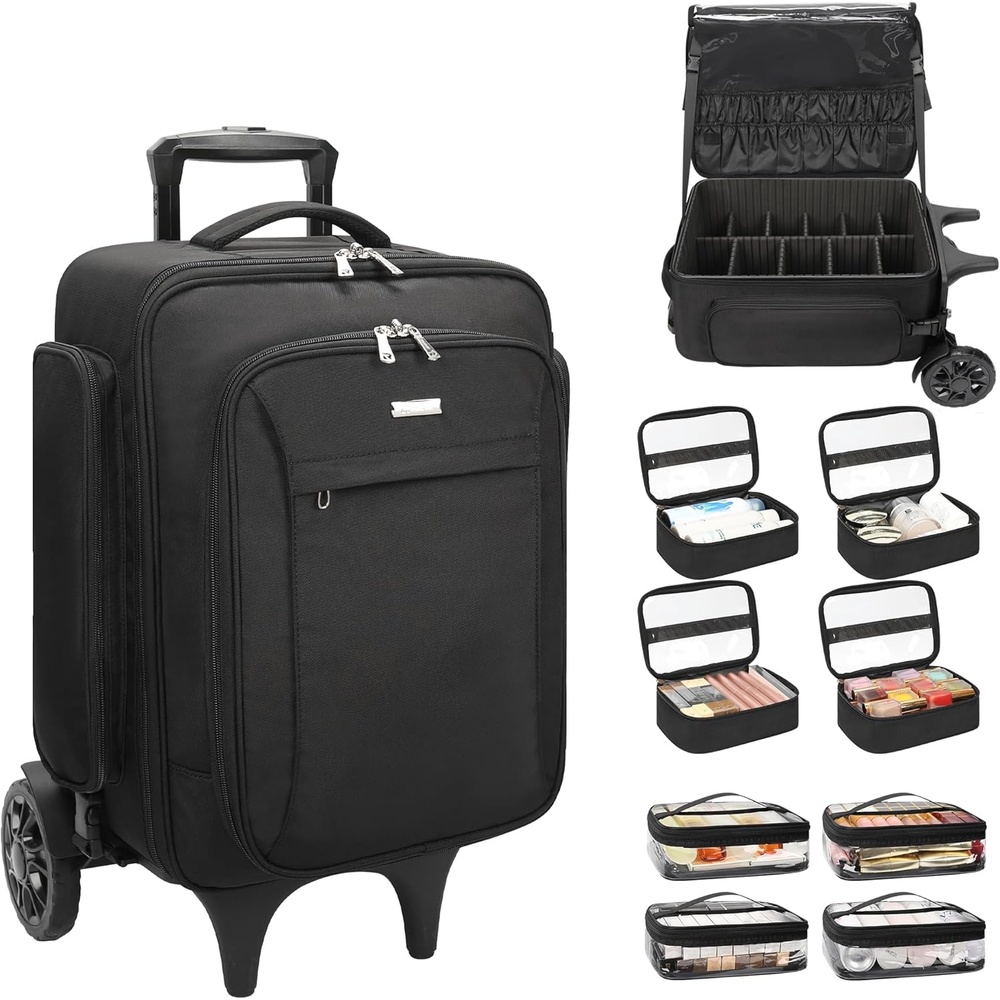 image:imageRelavel Rolling Makeup Case with 4 Small Makeup Bags Large Make Up Travel Organizer with 2 big Wheels Professional Lockable Makeup Artist Backpack with Adjustable Dividers for Daily Use Black1Black4 clear bag 6th Gen