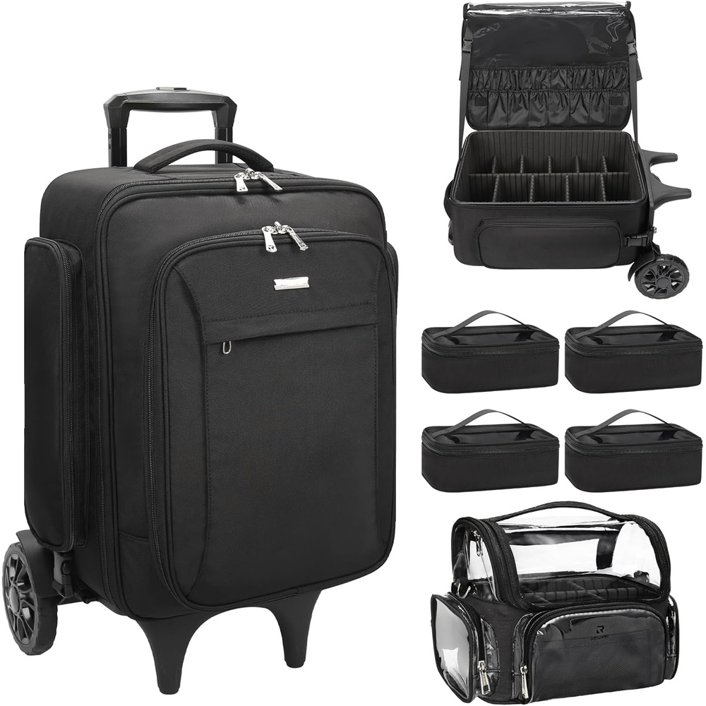 image:imageRelavel Rolling Makeup Case with 4 Small Makeup Bags Large Make Up Travel Organizer with 2 big Wheels Professional Lockable Makeup Artist Backpack with Adjustable Dividers for Daily Use Black1BlackBrush Case6th Gen