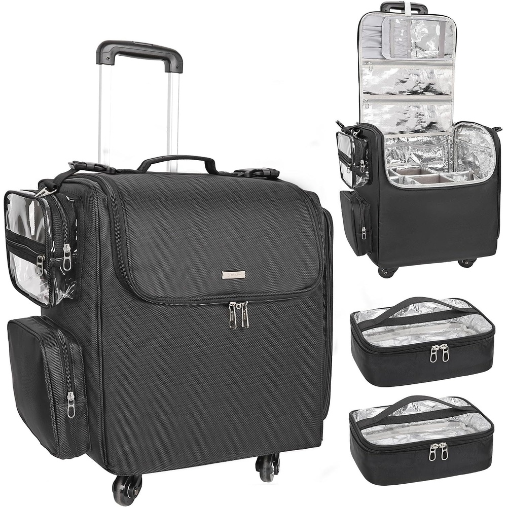 image:imageRelavel Rolling Makeup Train Case Hairstylist Traveling Bag with 4 Wheels Heat Insulation Full Layer Adjustable Dividers Hair Tools and Cosmetics Storage Organizer Trolley Suitcase Makeup CartBlack
