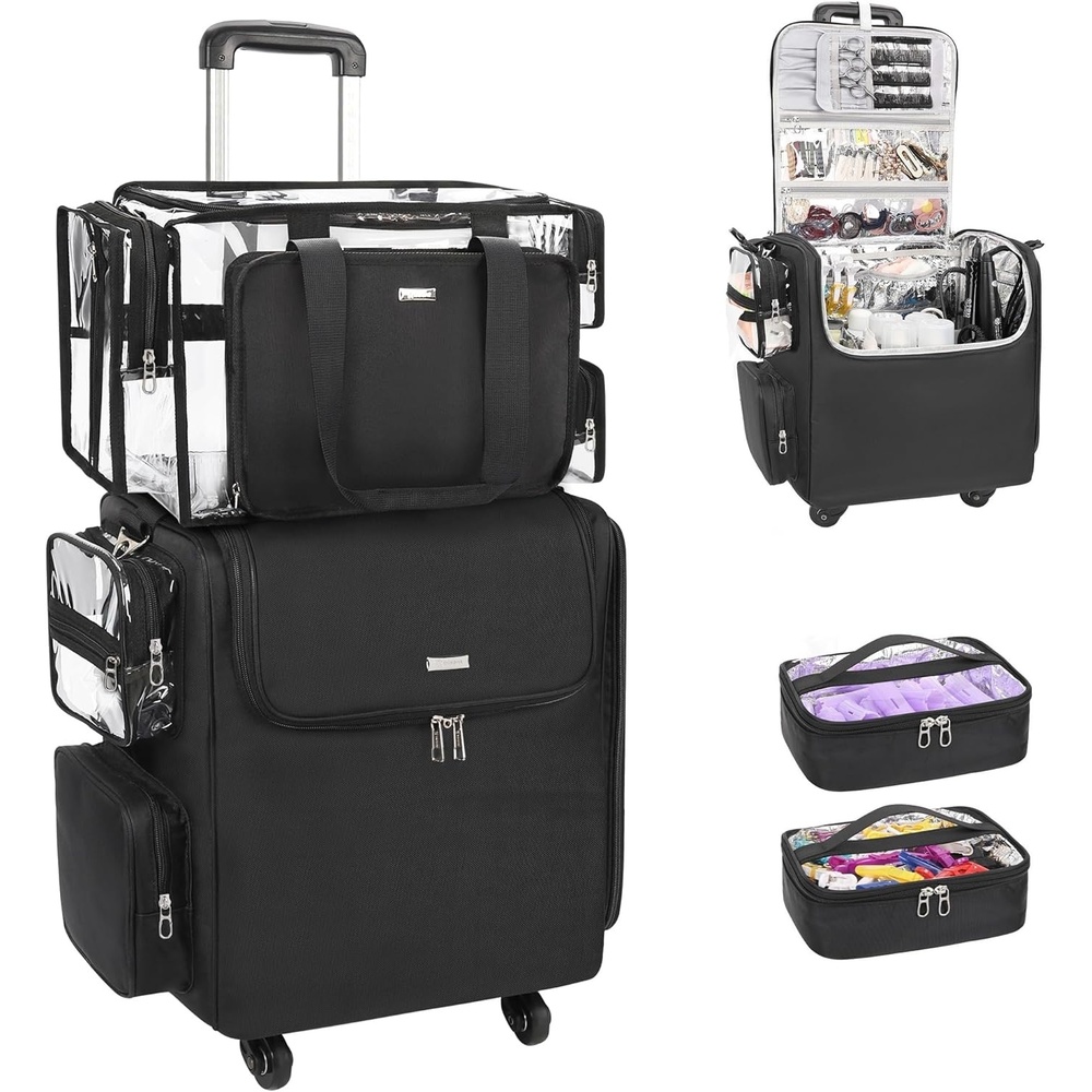 image:imageRelavel Rolling Makeup Train Case Hairstylist Traveling Bag with 4 Wheels Heat Insulation Full Layer Adjustable Dividers Hair Tools and Cosmetics Storage Organizer Trolley Suitcase Makeup CartBlacklarge clear makeup bag