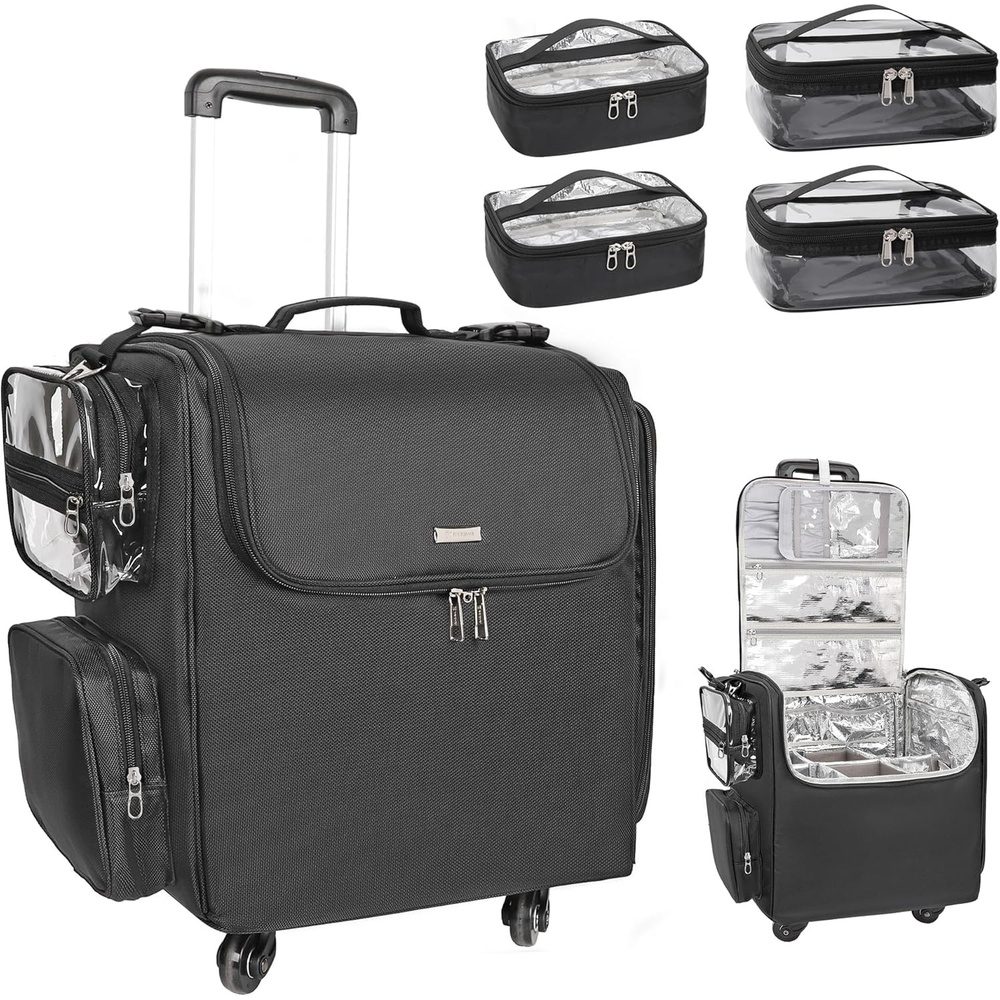 image:imageRelavel Rolling Makeup Train Case Hairstylist Traveling Bag with 4 Wheels Heat Insulation Full Layer Adjustable Dividers Hair Tools and Cosmetics Storage Organizer Trolley Suitcase Makeup CartBlack4 pcs clear bags