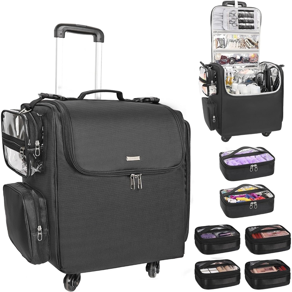 image:imageRelavel Rolling Makeup Train Case Hairstylist Traveling Bag with 4 Wheels Heat Insulation Full Layer Adjustable Dividers Hair Tools and Cosmetics Storage Organizer Trolley Suitcase Makeup CartBlack6 pcs clear bags