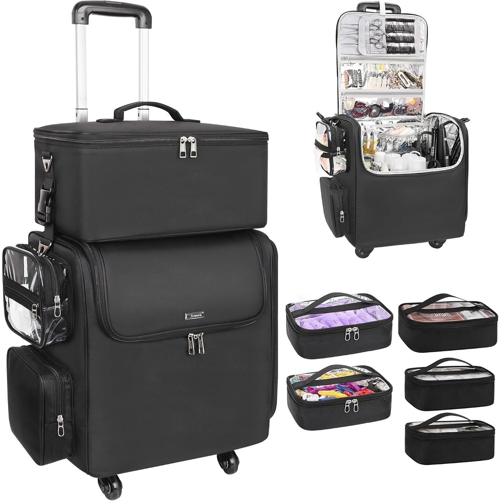 image:imageRelavel Rolling Makeup Train Case Hairstylist Traveling Bag with 4 Wheels Heat Insulation Full Layer Adjustable Dividers Hair Tools and Cosmetics Storage Organizer Trolley Suitcase Makeup CartBlacklarge makeup case